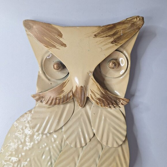 Metal Owl Cream Tin Leaves Branch Handpainted 11 x 10 Inches Hanging Wall Decor - Picture 2 of 12